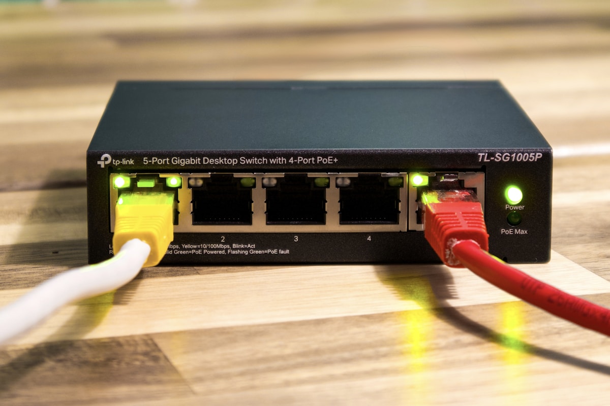 Network switch with connected Ethernet cables